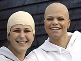 Jade Goody and her friends in bald caps, leave for her wedding venue