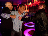 He starts a fight suspecting the bouncers in the club responsible,