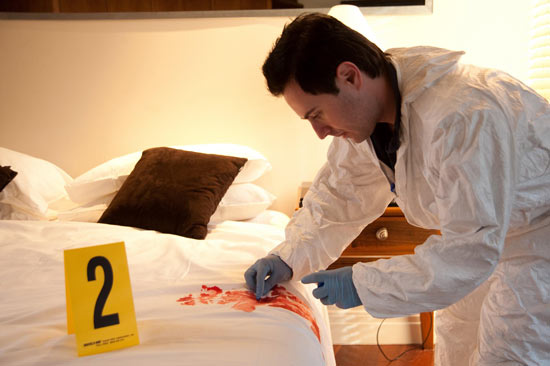 Charlie Buckton examines a crime scene in Home and Away