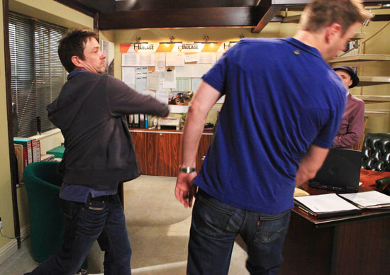 Emmerdale - Cameron Murray (Dominic Power) punches Carl King (Tom Lister)