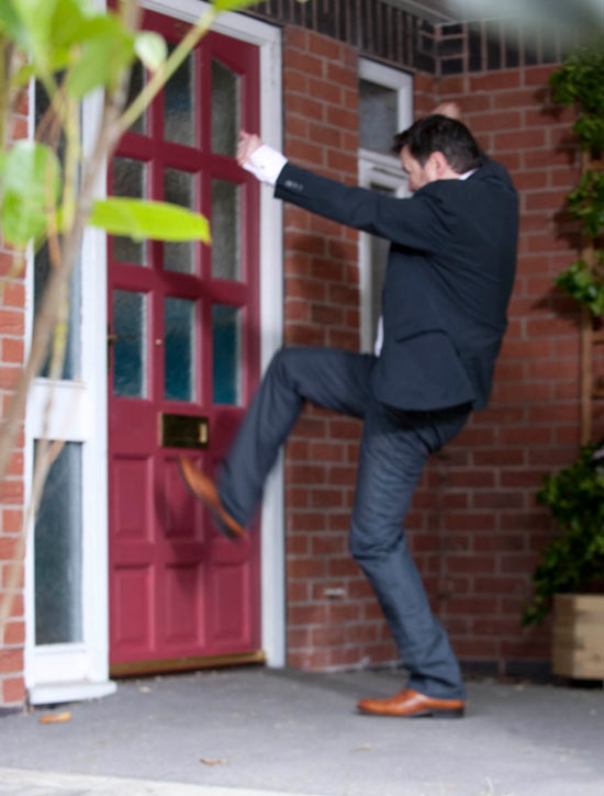 Owen arrives at the door and hears Izzy's cries for help