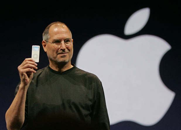 Steve Jobs holds up the new iPod Nano
