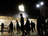 Apple acolytes amass outside the Apple store in Santa Monica, California.