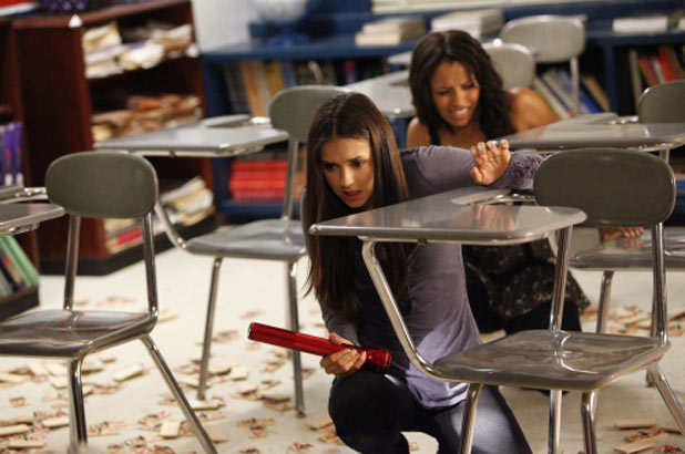 Nina Dobrev as Elena and Kat Graham as Bonnie