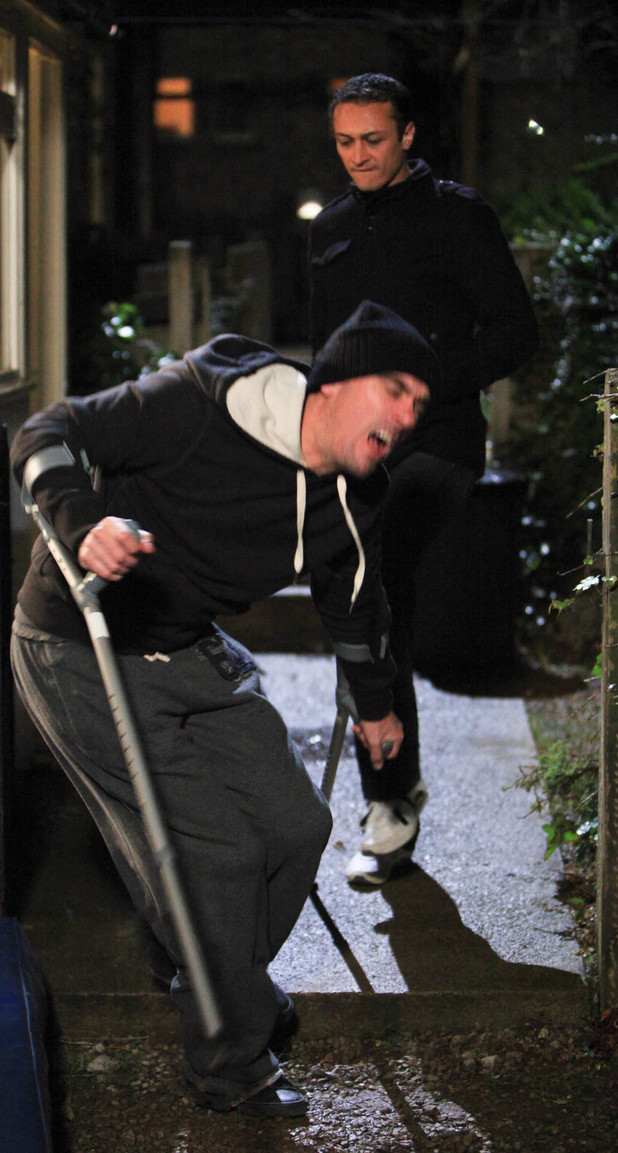 Jai kicks one of Cains crutches and stands  on his damaged leg, telling Cain that if he goes for prison, it will be for murder
