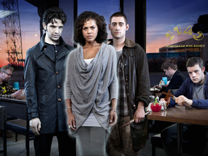 Being Human Series 4: Griffin (Alex Griffin), Regus (Mark Williams), Hal (Damien Molony), Annie (Lenora Crichlow), Tom (Michael Socha), Cutler (Andrew Gower), George (Russell Tovey)