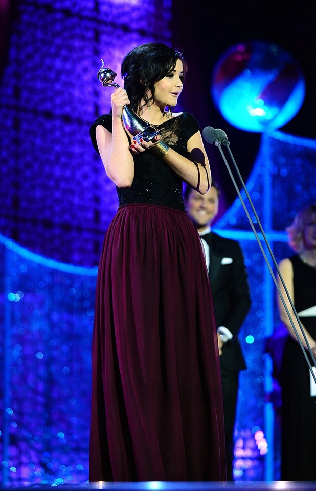 Jacqueline Jossa on stage with her best newcomer award during the 2012 NTA Awards