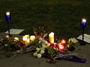 Tributes left outside Beverly Hilton Hotel after the announcement of the death of Whitney Houston, Los Angeles
