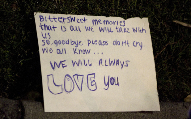 Tributes left outside Beverly Hilton Hotel after the announcement of the death of Whitney Houston, Los Angeles