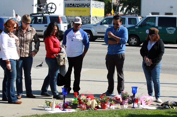Tributes left outside Beverly Hilton Hotel after the announcement of the death of Whitney Houston, Los Angeles