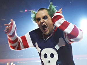 Miles Jupp performing to The Prodigy 'Firestarter'.