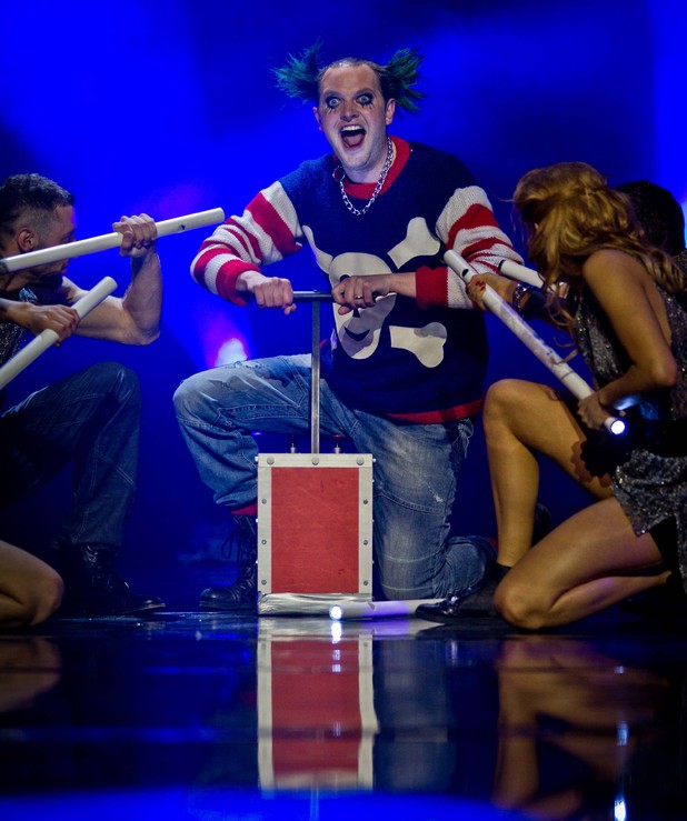 Miles Jupp performing to The Prodigy 'Firestarter'. 