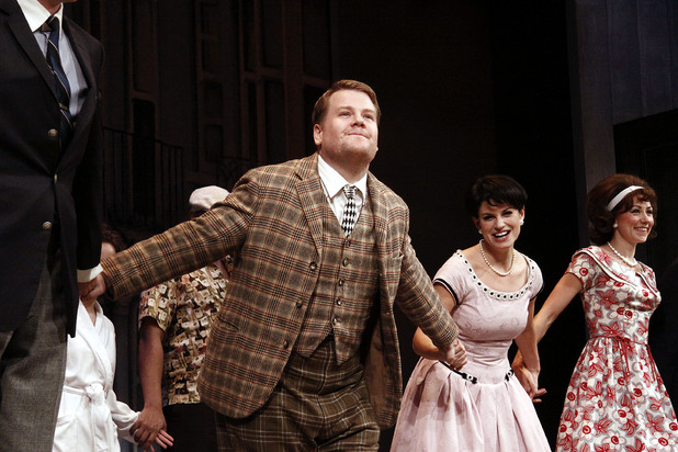 James Corden curtain call of Broadway opening night of One Man, Two Guvnors at the Music Box Theatre.