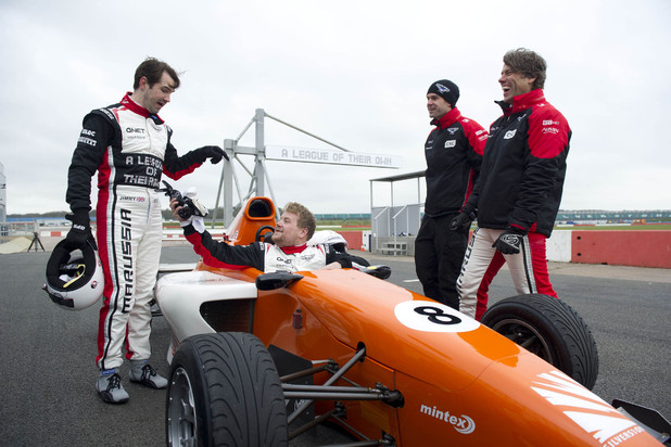 Jimmy Carr, James Corden and John Bishop in 'A League of Their Own' F1 special