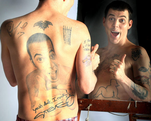 Steve O has his face and name tattooed across his back