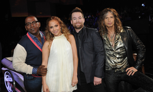 L-R: Randy Jackson, Jennifer Lopez, David Cook and Steven Tyler on AMERICAN IDOL airing Thursday, May 10 (8:00-9:00 PM ET/PT) on FOX. CR: Frank Micelotta / FOX.
