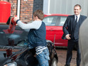 David smashes the fire extinguisher through Nick's car windscreen in a fit of rage