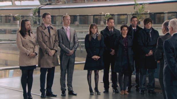The Apprentice S08E09: Jade Nash, Tom Gearing, Adam Corbally, Jenna Whittingham, Ricky Martin, Gabrielle Omar, Stephen Brady, Nick Holzherr, Lord Sugar, Nick Hewer