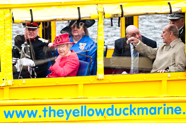 Her Majesty The Queen and His Royal Highness The Duke of Edinburgh board the Yellow Duckmarine at Liverpool's Albert Dock