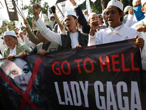 Protestors at an anti-Lady GaGa rally outside the US Embassy in Jakarta, Indonesia - May 25, 2012