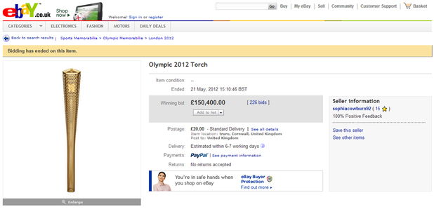 Olympic torch used in Cornwall, Britain - sold on ebay for £150,400