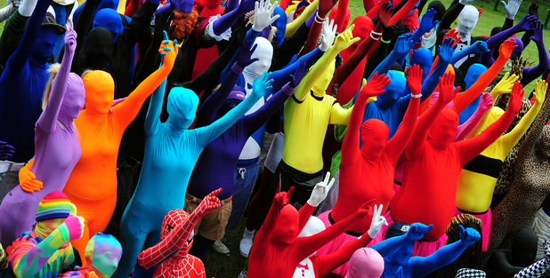 People wearing Morphsuits at Drayton Manor Theme Park, Tamworth