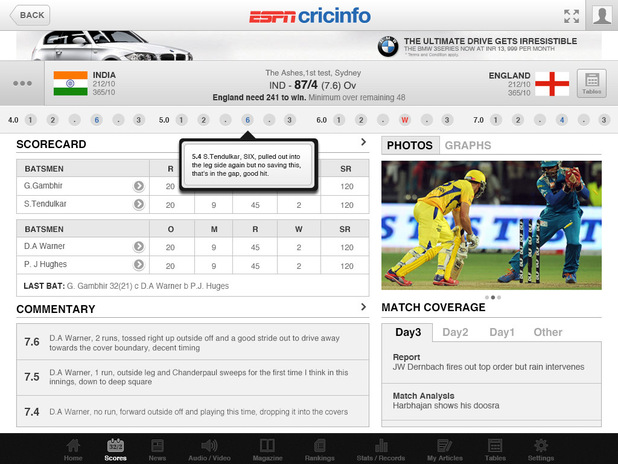 ESPNcricinfo iPad app screenshot