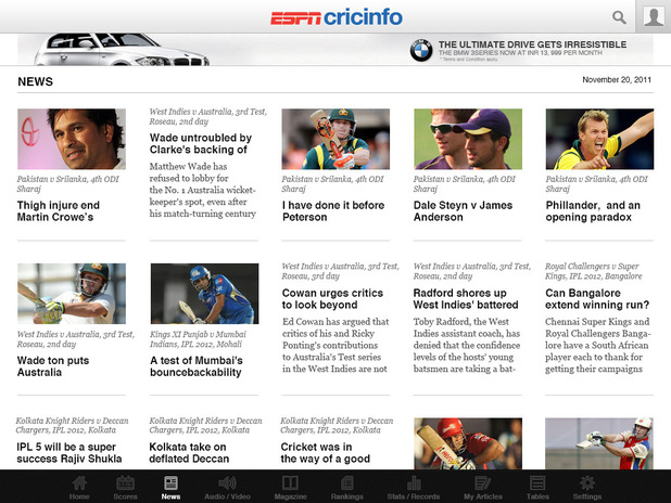 ESPNcricinfo iPad app screenshot