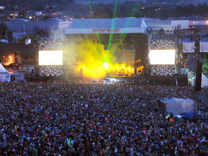 General view of the main stage as Jarvis Cocker of Pulp performs during the second day of the Isle of Wight festival 2011