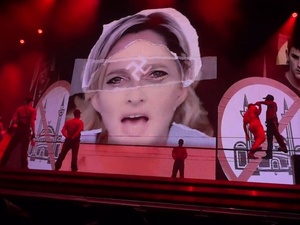 Marine Le Pen/swastika image on Madonna's world tour in Tel Aviv, Israel