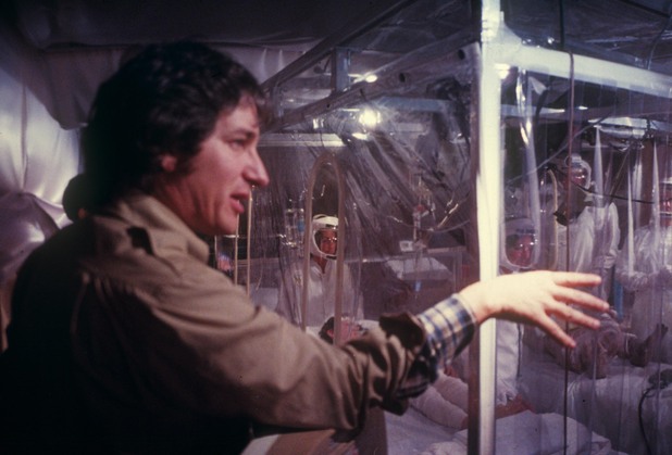 Steven Spielberg surveys the medical facility set