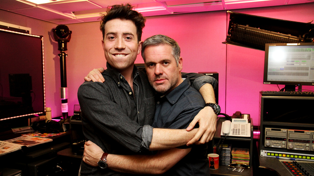 Nick Grimshaw hugs Chris Moyles
