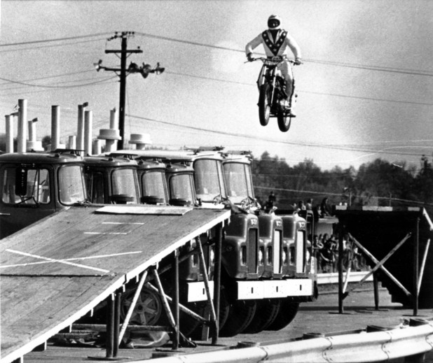 Evel Knievel jumps 6 mack trucks at Dragway 42 in Cleveland, Ohio - May 28, 1974