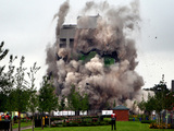 The former Massey Ferguson tower in Tile Hill, Banner Lane, Coventry, as it is demolished in a controlled explosion.