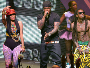 Nicki Minaj, Birdman and Lil Wayne performing live together as part of the Nicki Minaj tour at James L Knight Center in Miami, Florida