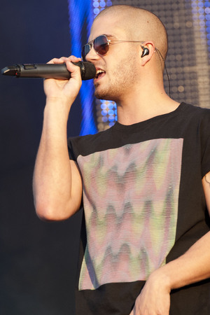 Max George of The Wanted performing at the Coca Cola London 2012 Olympic Torch Relay concert in Hyde Park, London.