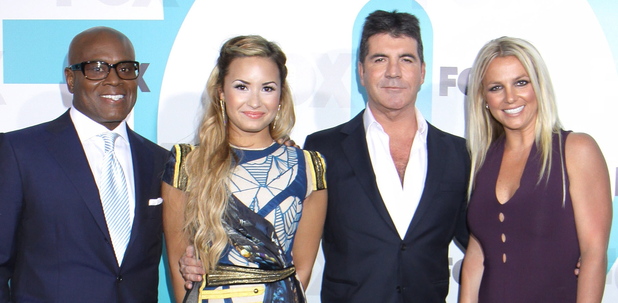 X Factor judges Simon Cowell, L.A. Reid, Britney Spears and Demi Lovato at the 2012 Fox Upfront Presentation held at the Wollman Rink in New York City, USA, 14.05.12