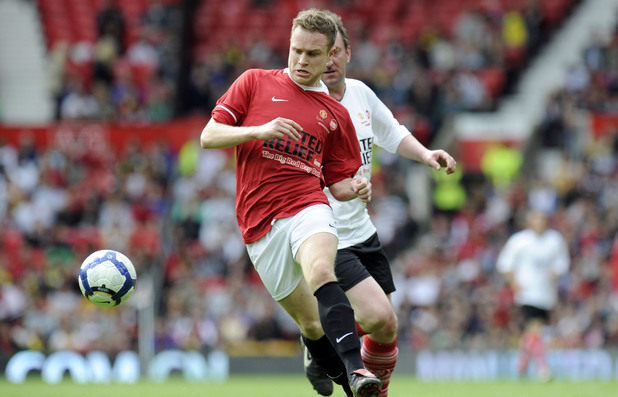 Olly Murs plays football at The Big Red Family Day Out football match - Manchester United Legends v Celebrity Rivals XI in aid of Sport Relief, 2010