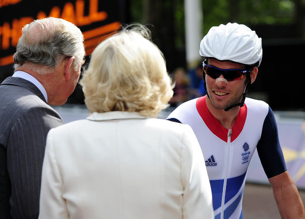 Mark Cavendish meets Prince Charles and the Duchess of Cornwall before the Men's Road Race on the Mall, London.