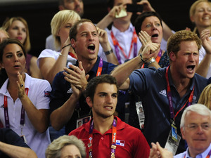 The Duchess of Cambridge, plus Princes William and Harry, cheer on the cyclists at the Velodrome (August 2).