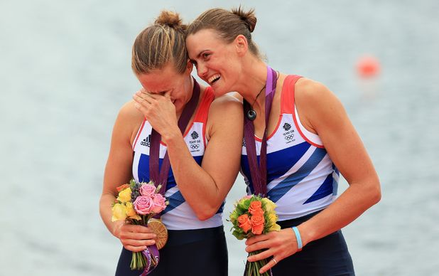Great Britain's Helen Glover (left) and Heather Stanning celebrate winning gold in the women's pair final at Eton Dorney Lake
