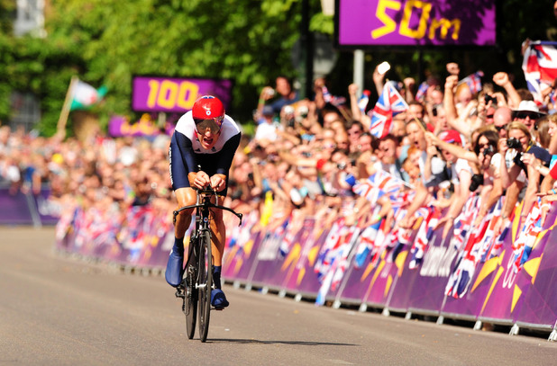 Bradley Wiggins races towards the finish line
