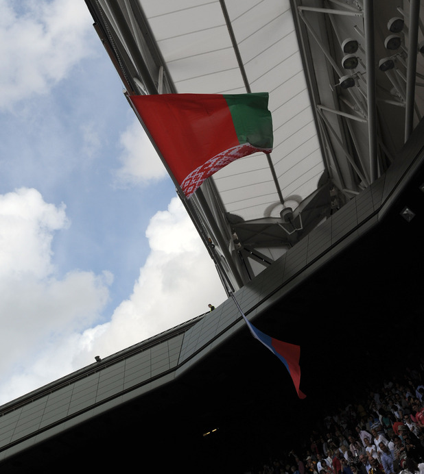 The USA flag missing after falling off during the Victory Ceremony for the Final of the Women's Singles at the Olympic Tennis Venue, Wimbledon.