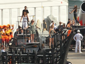 REVEAL USE ONLY The Spice Girls performing a warm up routine for the Olympics closing ceremony