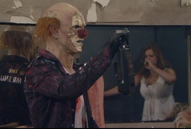 Ashleigh is confronted by 'Snuggles', the Big Brother clown.