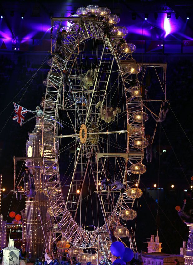 London 2012 Olympics Closing Ceremony: Performers on the wheel.