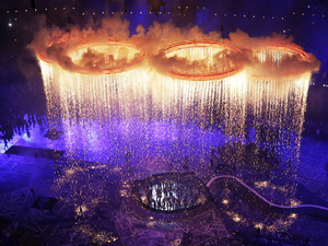 The Olympic rings light up the stadium during the Opening Ceremony at, London 2012