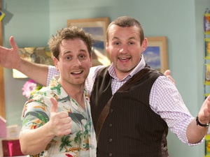 Patrick Harvey and Ryan Moloney on set at Neighbours