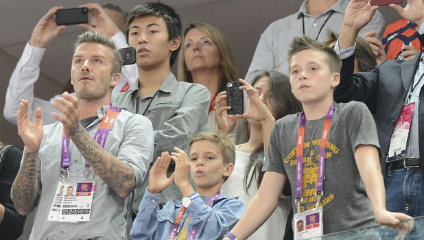 David Beckham and his sons Romeo Beckham and Brooklyn Beckham, during the Men's Basketball gold medal game between the United States and Spain on Day 16 of the London 2012 Olympics Games at North Greenwich Arena
London, England - 12.08.12
**Available for publication in the UK & USA only. Not for publication in the rest of the world**
Credit: WENN.com