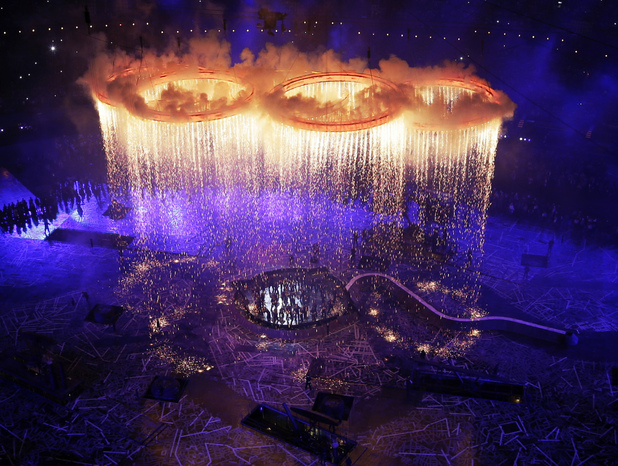 The Olympic rings light up the stadium during the Opening Ceremony at, London 2012